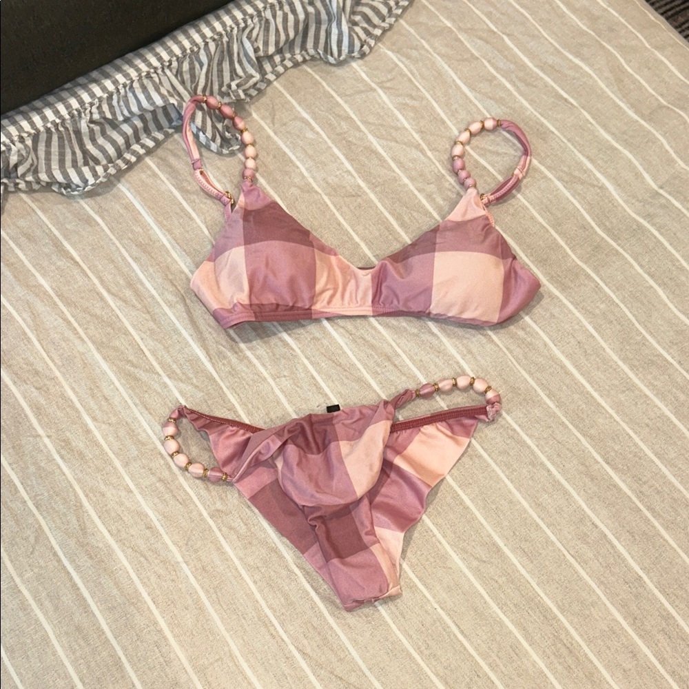 Vix Pink Plaid Beaded-strap Bikini Set